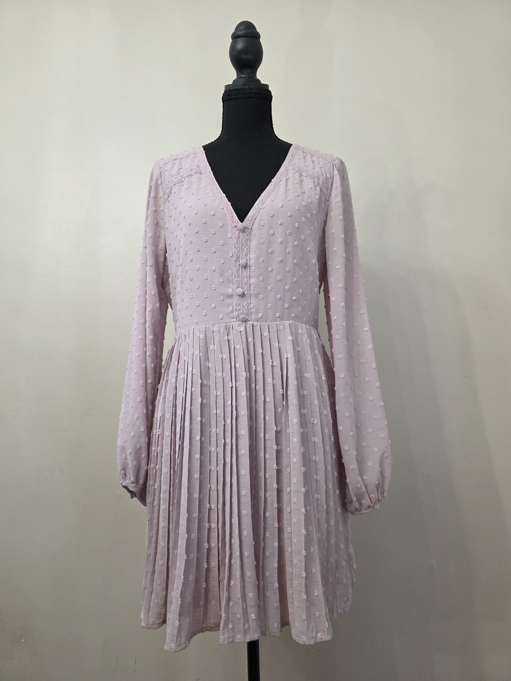 Lulus Poetic Love Mauve Swiss Dot Pleated Mini Dress Size M